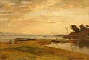 Albert Hertel Coastline at low tide in the evening light. Resting in the foreground dry sailing boats oil painting reproduction